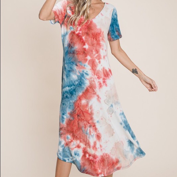 NEW Boutique Red White & Blue Plus Tie Dye Dress - Picture 8 of 13